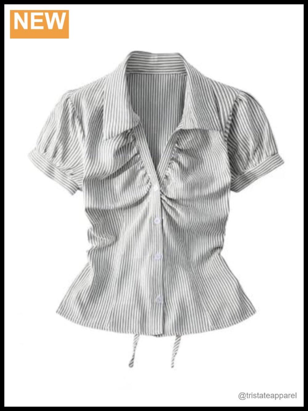 Striped Ruched Collared V Neck Short Sleeve Blouse